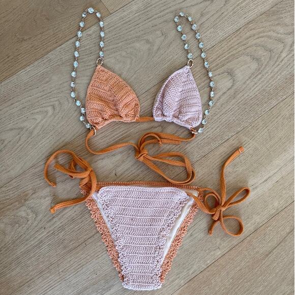 Maiyo - Nyx Crochet & Crystal Strap Bikini Set in Orange and Beige - Picture 1 of 4